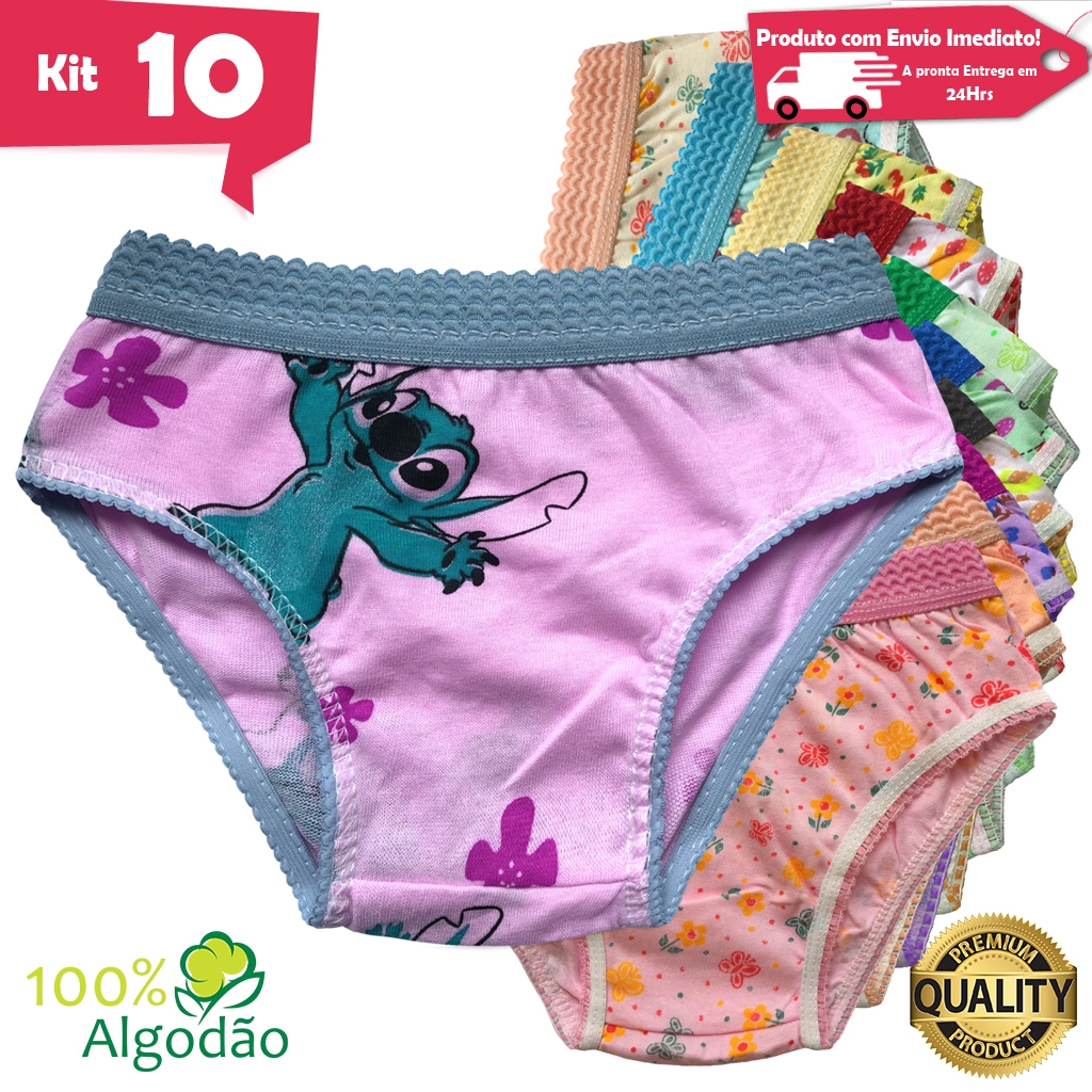 Kit 10 Calcinhas Infantil Estampada Algodão Cós Elástico Menina