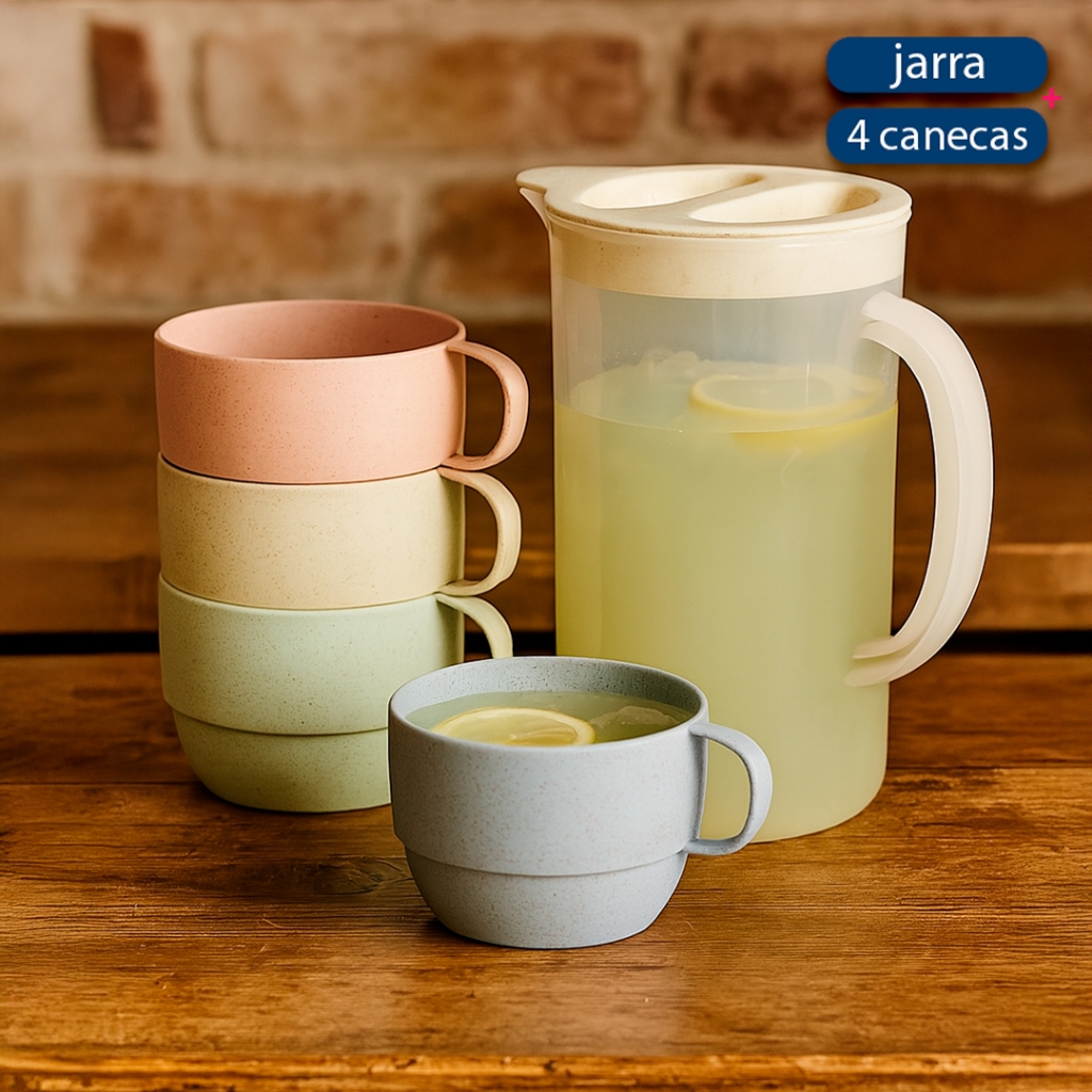 Conjunto Jarra 1,6L + 4 Canecas Empilháveis – Perfeito para Água, Suco e Bebidas Geladas em Oferta na Shopee
