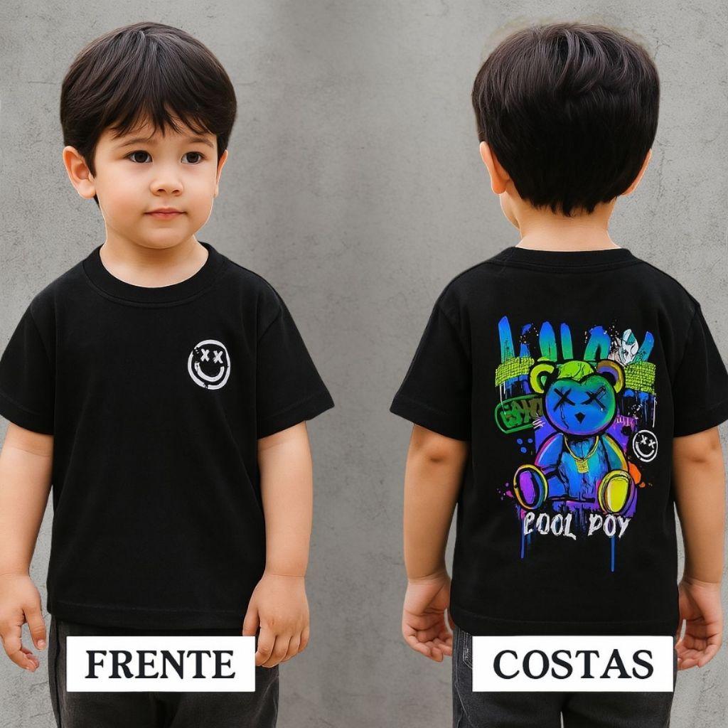 Camiseta Infantil Masculina Básica Estampada Frente e Verso Streetwear Menino Criança verão Envio