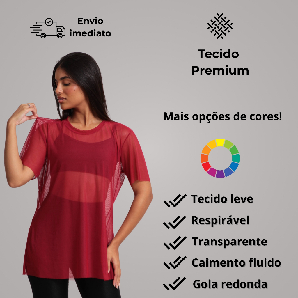 Blusa Feminina Tule Transparente Academia Fitness Camisão Fitness