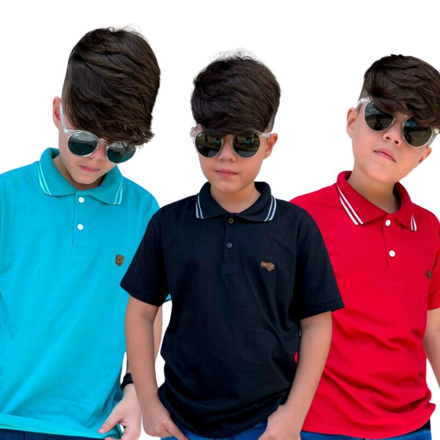 Kit C/ 3 Camiseta Premium Gola Polo Algodão Infantil 100% Algodão Cores Vivas Para Menino de 1 a 14 anos Promoção