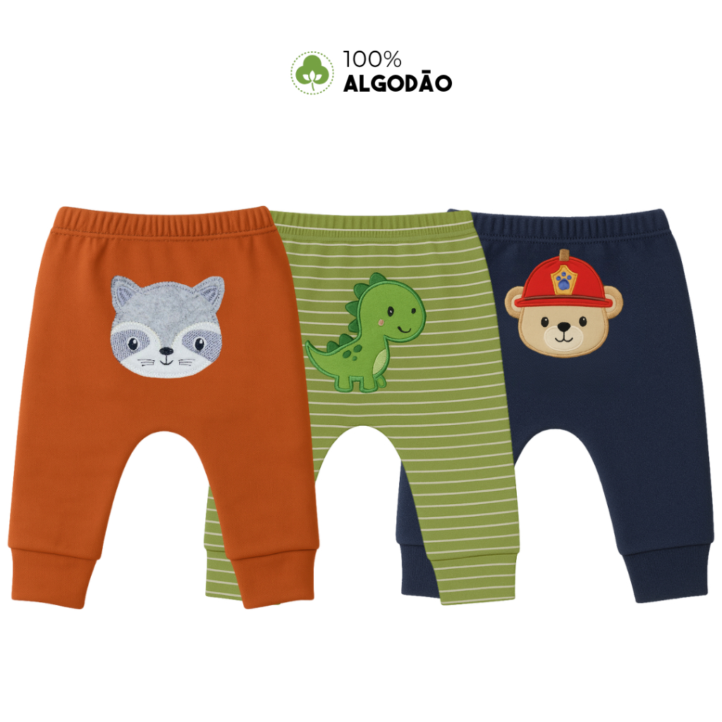 Kit 03 Peças Mijao Menino Bebe Estampado Bichinho Bordado Sortido 100% ALGODAO