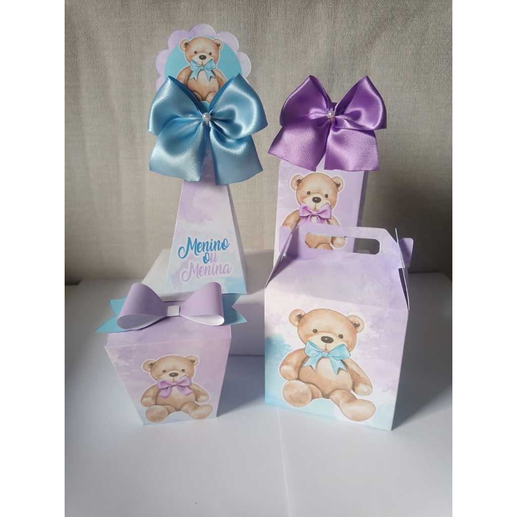 PEGUE E MONTE - KIT personalizado Chá revelação ursinhos LILAS E AZUL festa,lembrancinhas e caixas