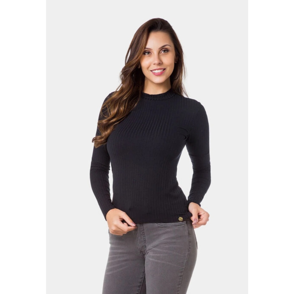 BLUSA FEMININA MANGA LONGA GOLA REDONDA 100% ALGODÃO COM ELASTANO PREMIUM