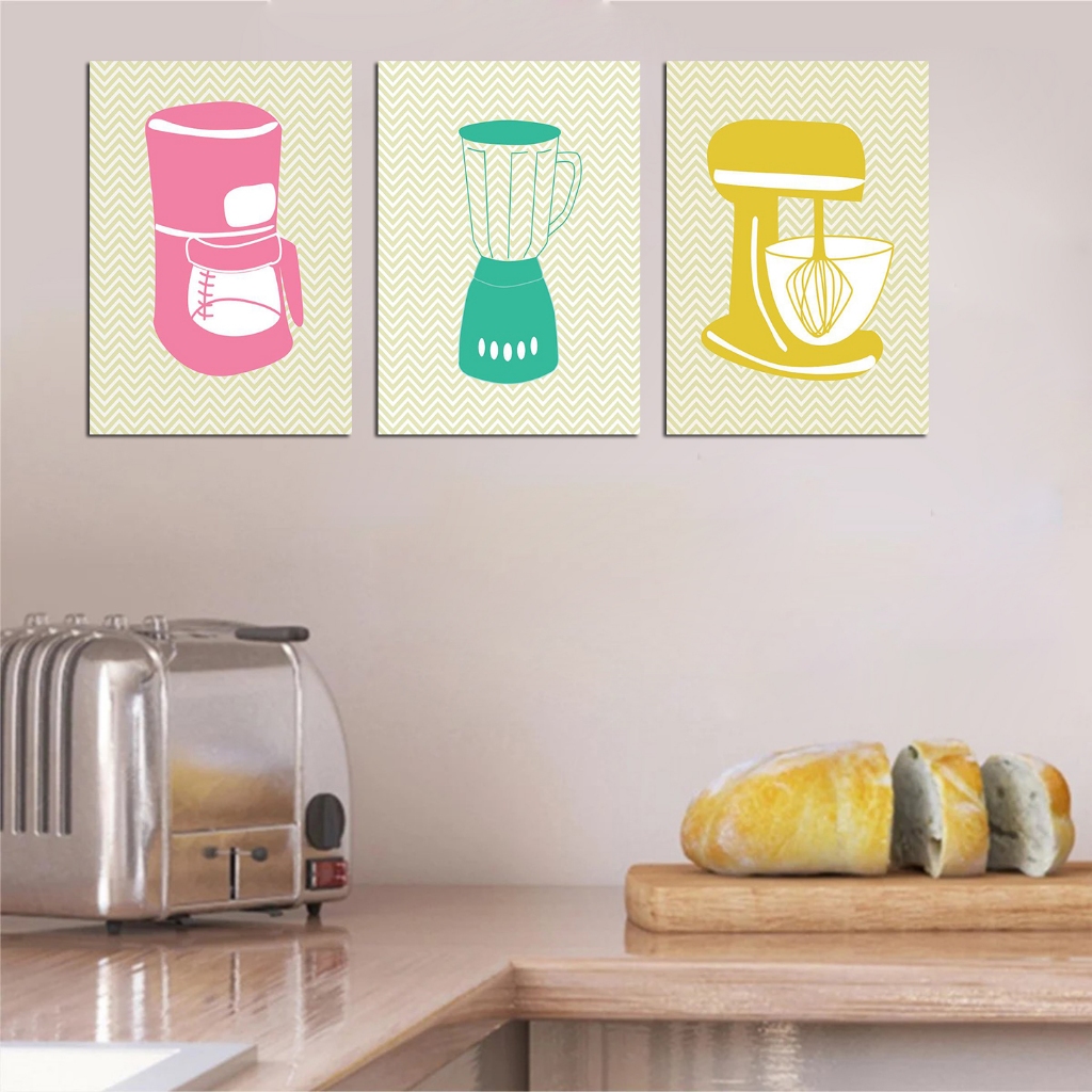 quadros decorar cozinha - cafeteira rosa liquidificador verde batedeira amarela - cozinha colorida 3 placas MDF 20x30cm