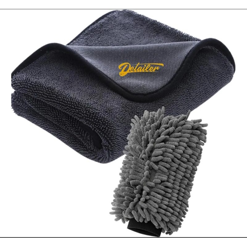 kit Luva e Toalha de secagem super Premium Detailer 500GSM. 48x78cm + luva chenille para lavagem automotiva!
