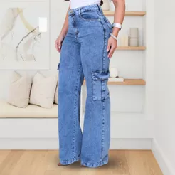 Calça Cargo Wide Leg Jeans Feminina Pantalona Cintura Alta Marmorizada 100% bolsos Tecido Grosso