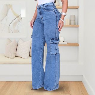 Calça Cargo Wide Leg Jeans Feminina Pantalona Cintura Alta Marmorizada 100% bolsos Tecido…