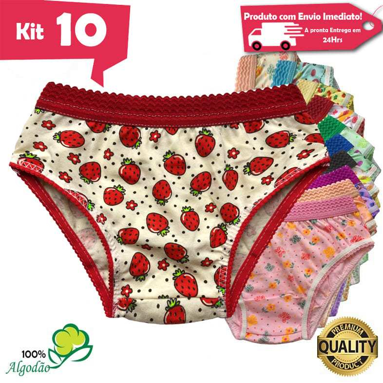 Kit 10 Calcinhas Infantil Estampada Algodão Cós Elástico Menina