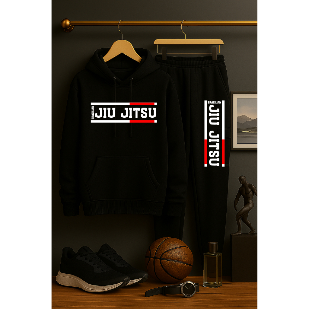 Kit Conjunto Moletom Preto Esportivo ou Blusa de Frio Canelada Algodão Luta Artes Marciais Jiu Jitsu Unissex Academia