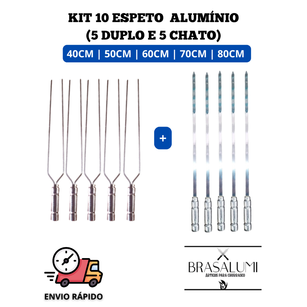 KIT 10 ESPETOS para churrasco em ALUMÍNIO (5 DUPLO E 5 CHATO)