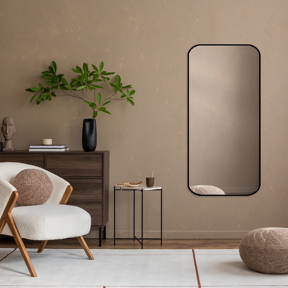 Espelho Decorativo Retangular 53x110cm com Bordas Arredondadas – Moldura Preta em Oferta na Shopee