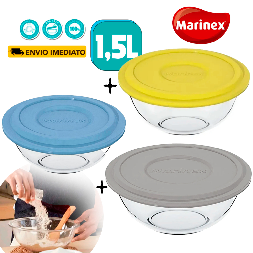 Conjunto Jogo 3 Saladeira Marinex Tigelas de Vidro C/Tampa Culinaria Redonda Plus de 1,5L Refrataria