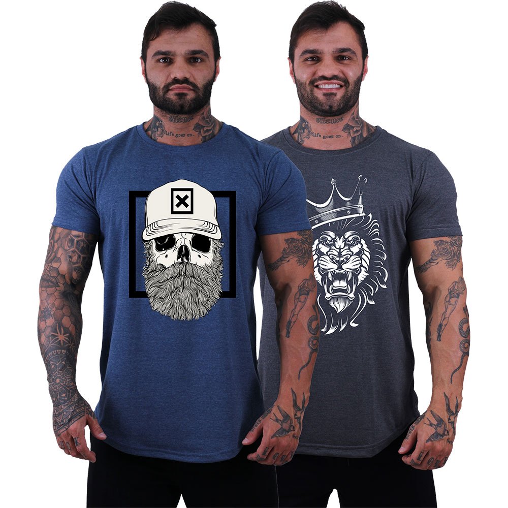 Kit 2 Camiseta Longline MXD Conceito Malha 30.1 Penteada Estampada Academia Caveiras e Frases