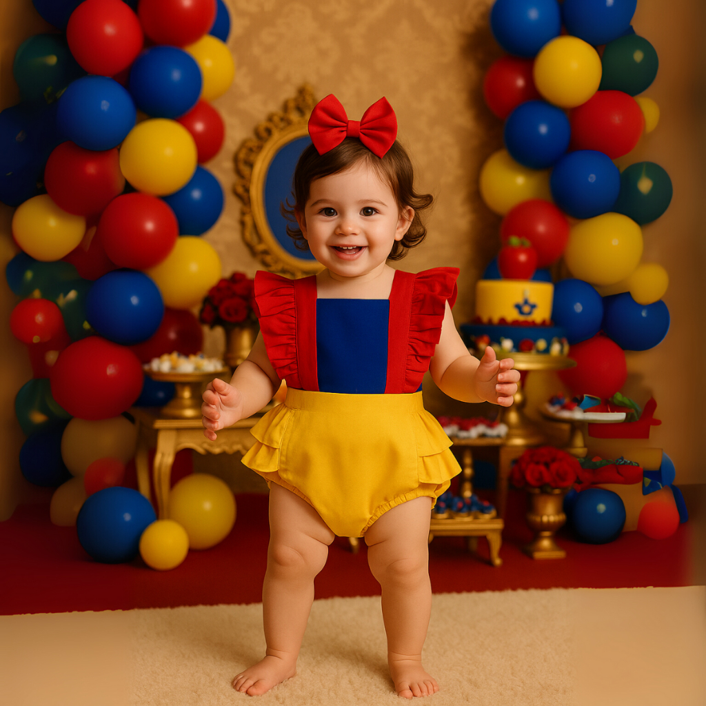 Jardineira Macacão Branca de Neve com Laço Mesversário Roupa Menina