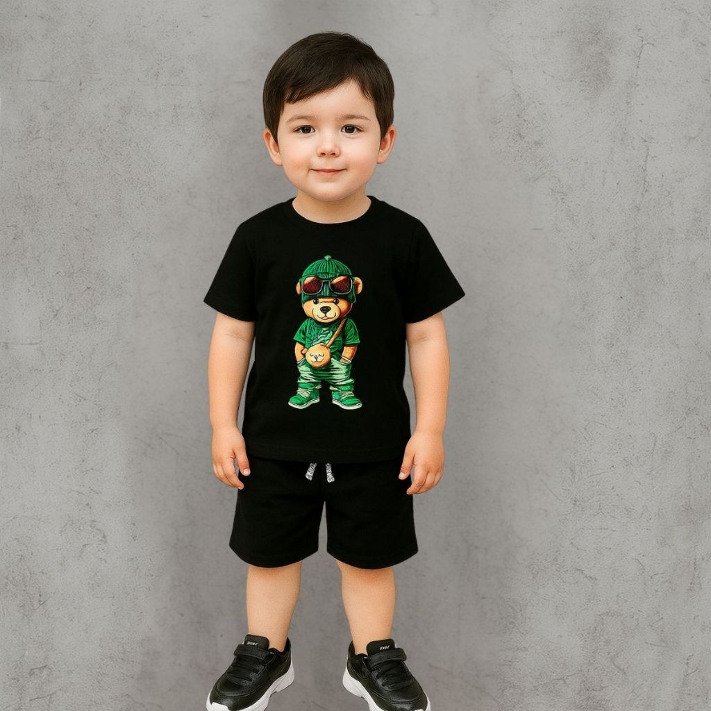 Conjunto Infantil Menino Camiseta De Algodão Estampada E Short Moletinho Criança Verão Lançamento