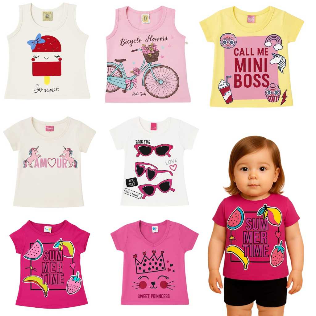 Kit com 5 Peças de Camisetas Verão Infantil de Menina Tamanho 6 a 9 meses