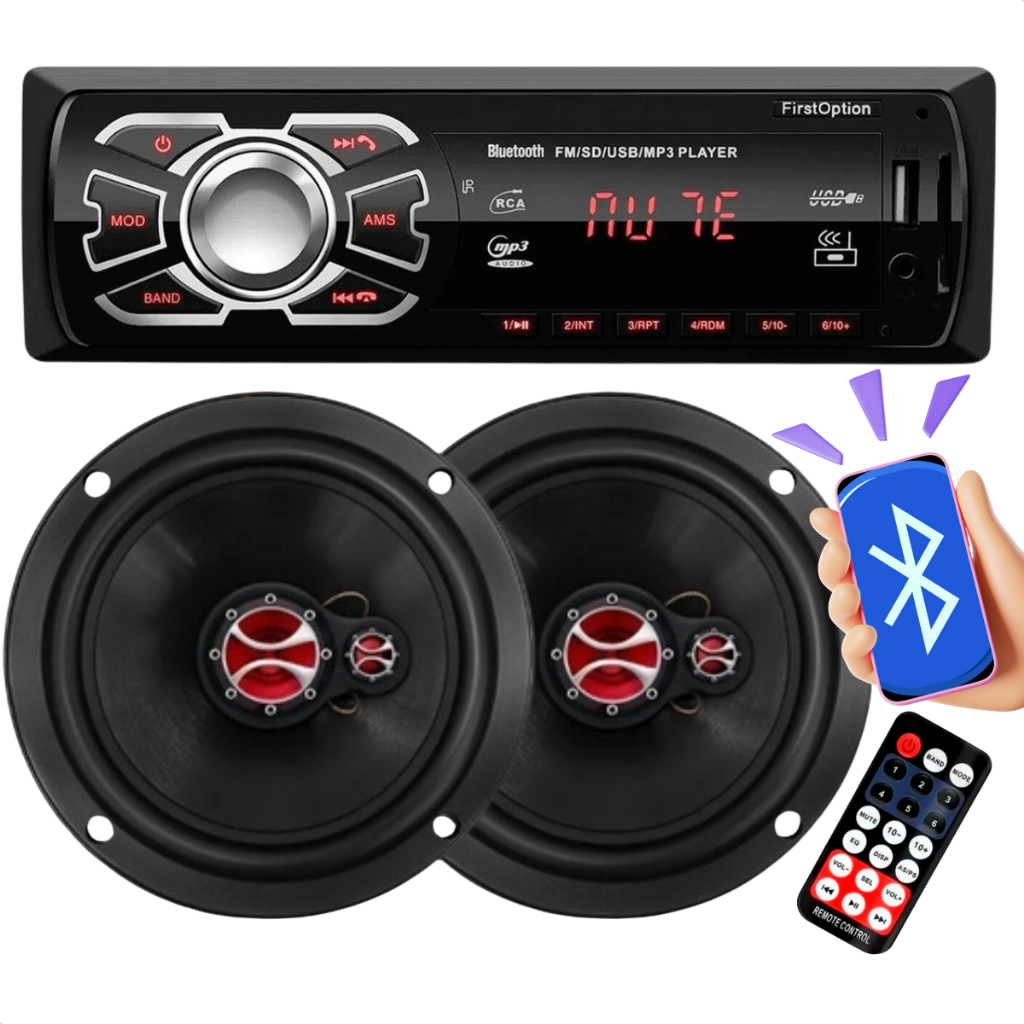 Kit Som Automotivo com Rádio Bluetooth USB + Par Alto Falante 6" Foxer 120W RMS