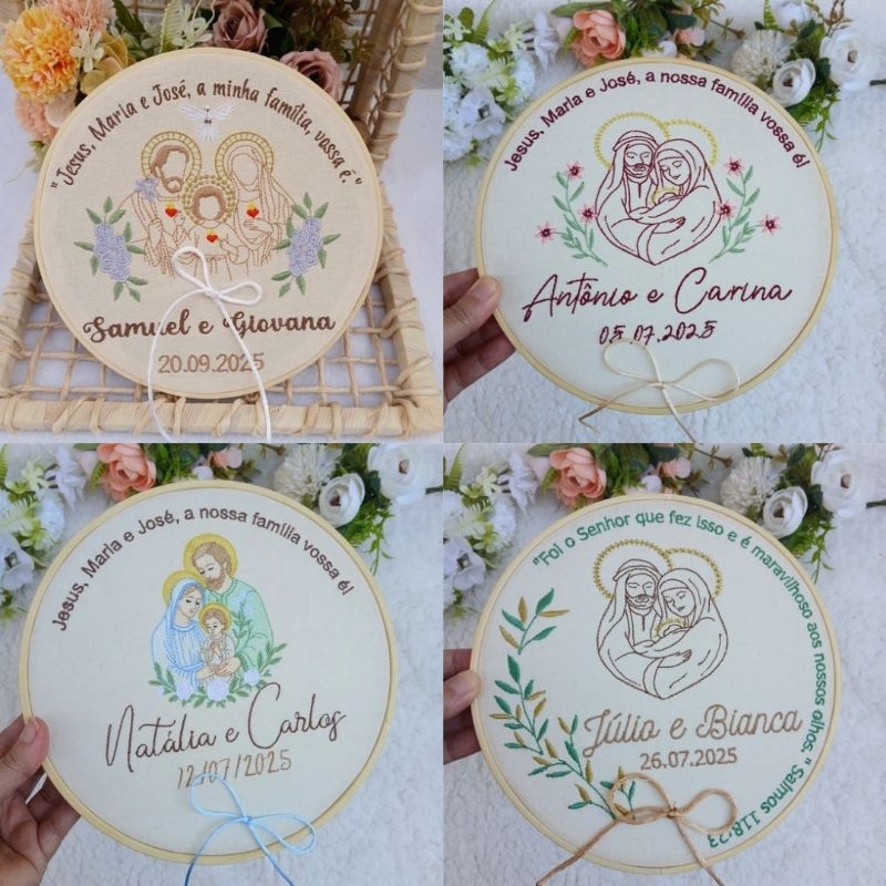 Bastidor Porta Aliança de Casamento Sagrada Família Bordado Personalizado