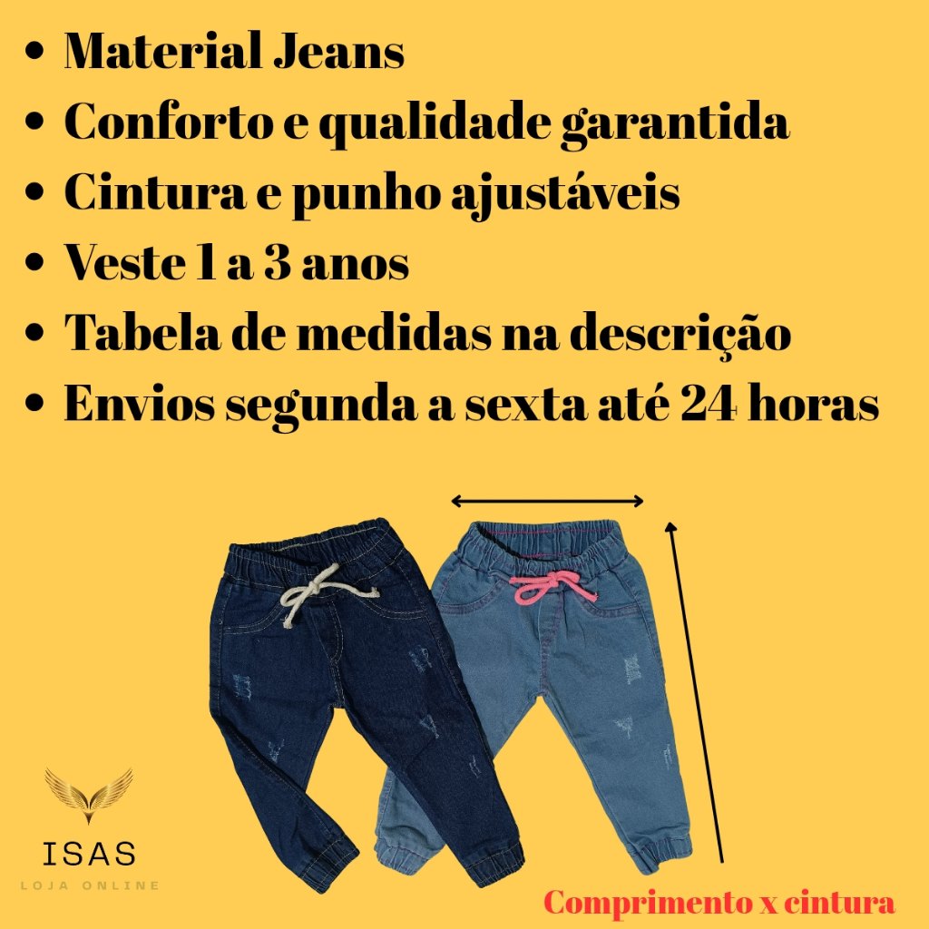 Calça jeans Infantil Menino JOGGER 1 a 3 anos com bolsos menina bebé — imagem 2 de 2