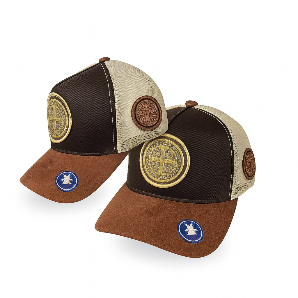 Boné Masculino Trucker Camurça com Bordado Cruz São Bento