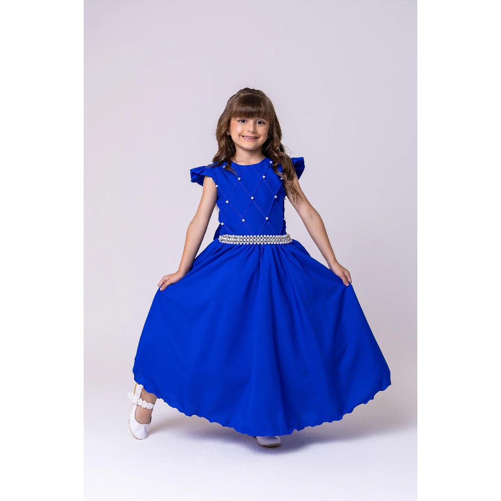 Vestido Infantil Juvenil Longo Azul Royal Festa Social Casamento Formatura Daminha Pérolas