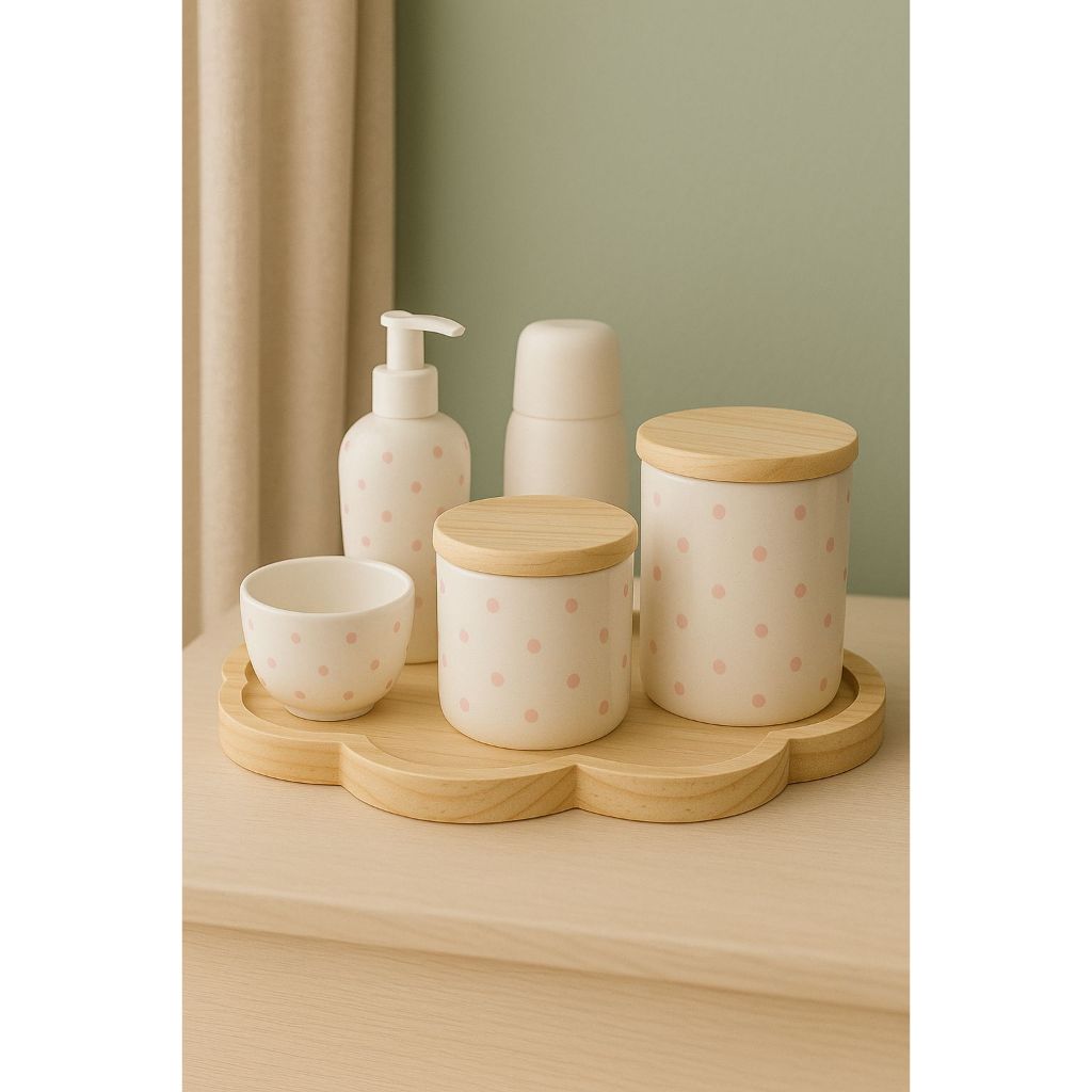Kit Higiene Bebê Porcelana Bandeja Nuvem Garrafa Termica Molhadeira Porta Algodão Cotonete em Oferta na Shopee