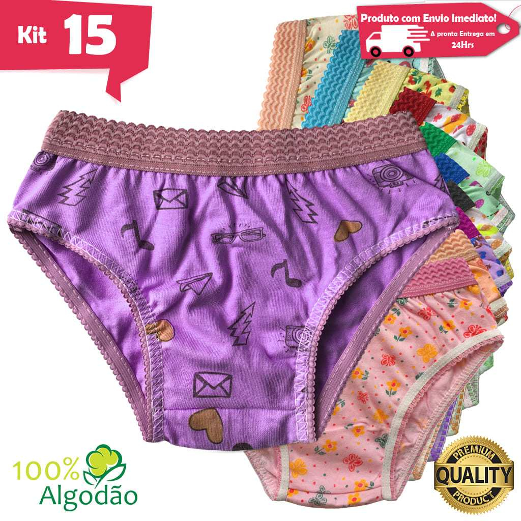 Kit 15 Calcinhas Infantil Algodão Estampada Cós Elástico Menina Revenda