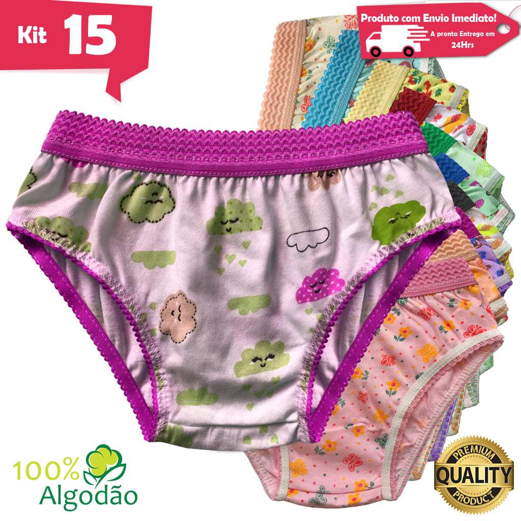 Kit 15 Calcinhas Infantil Algodão Estampada Cós Elástico Menina Revenda