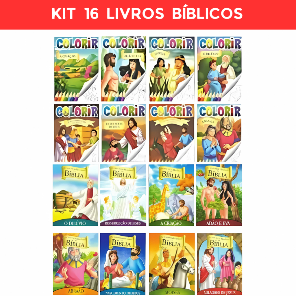Kit 16 Livros Infantis Bíblicos - 8 Livros de Histórias da Bíblia - 8 Livros de Colorir da Bíblia