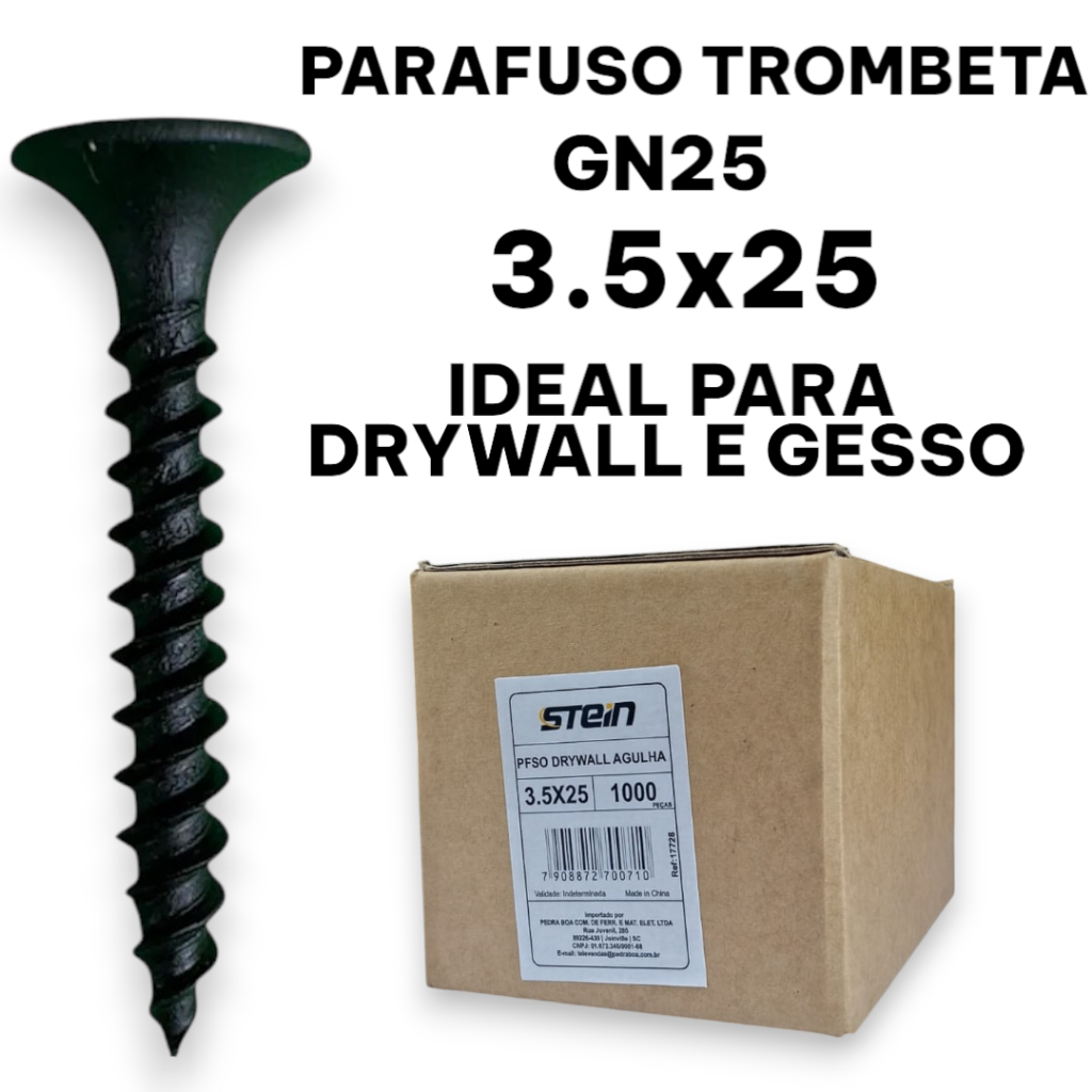 Parafuso Trombeta Agulha Drywall Gesso 1000pçs GN25 3,5x25mm