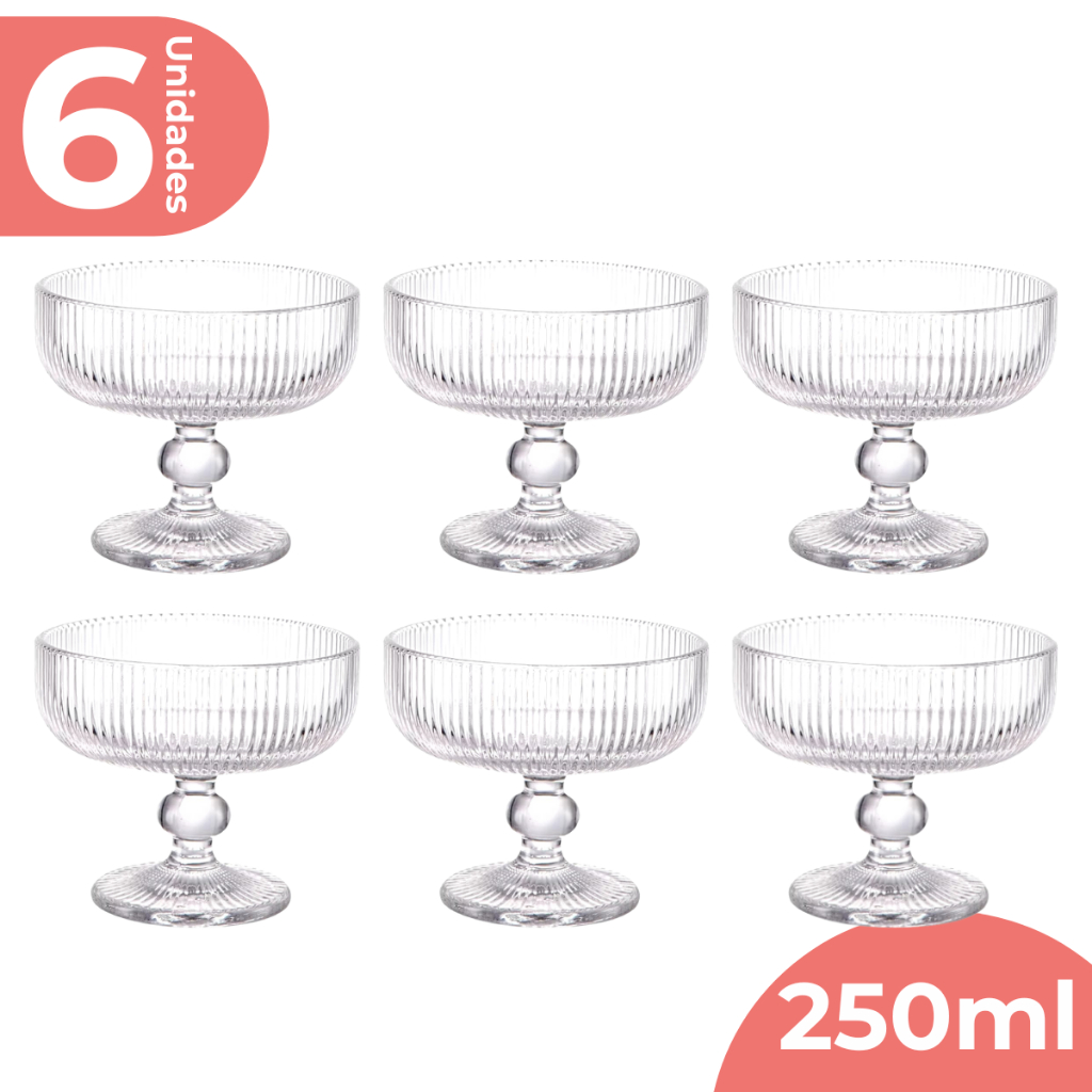 Jogo 6 Taça Sobremesa Vidro Sorvete Açai 250ml Canelado Luxo