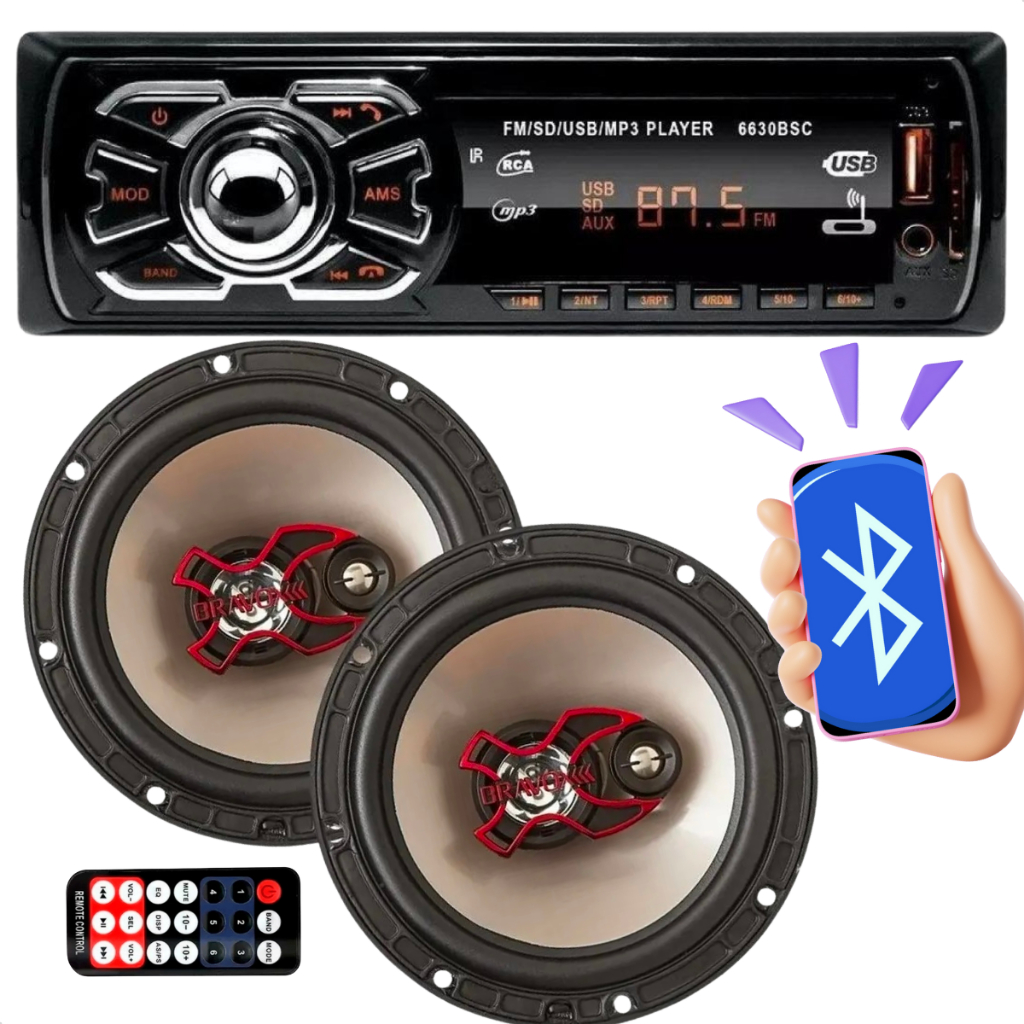 Kit Alto Falante Bravox + Som Automotivo Bluetooth Radio FM USB MP3 SD AUX para Carro 100 Watts Rms