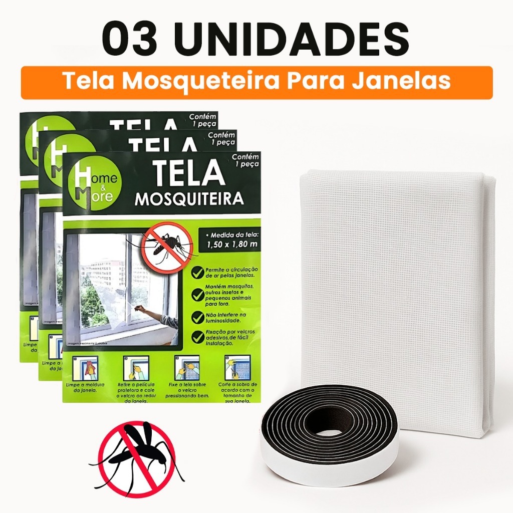 Kit 03 Tela Mosquiteiro 150x180cm Velcro Adesivo Janela Anti Inseto