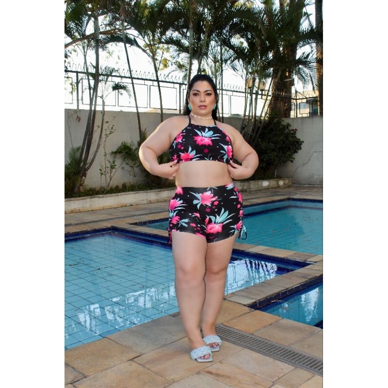 Conjunto Biquíni Feminino 2 Peças - Cropped Cruzado nas Costas + Short Sunquíni Praia Piscina Moda Verão