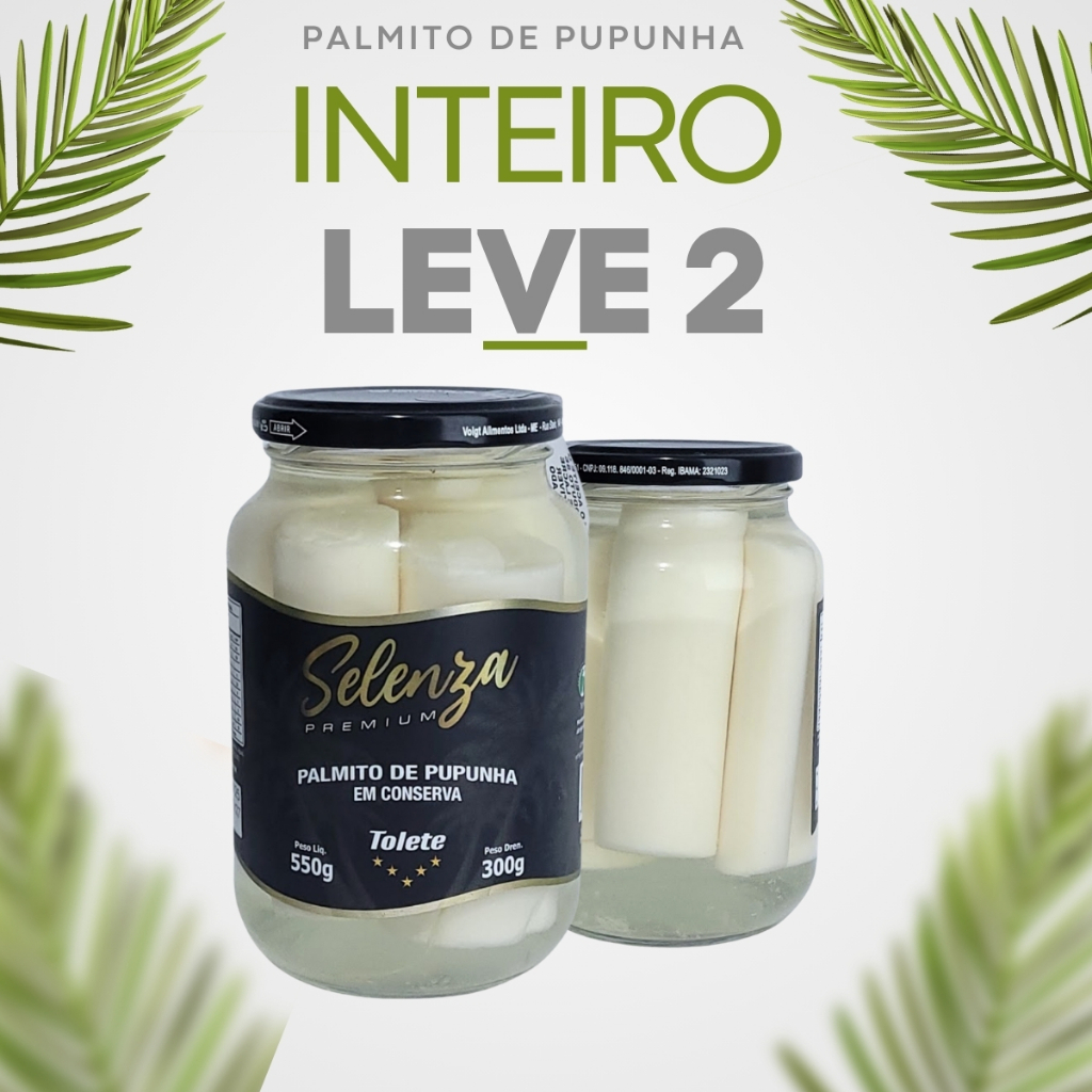 Kit 2 Palmito Em Conserva Inteiro Pupunha Tolete Selenza Premium