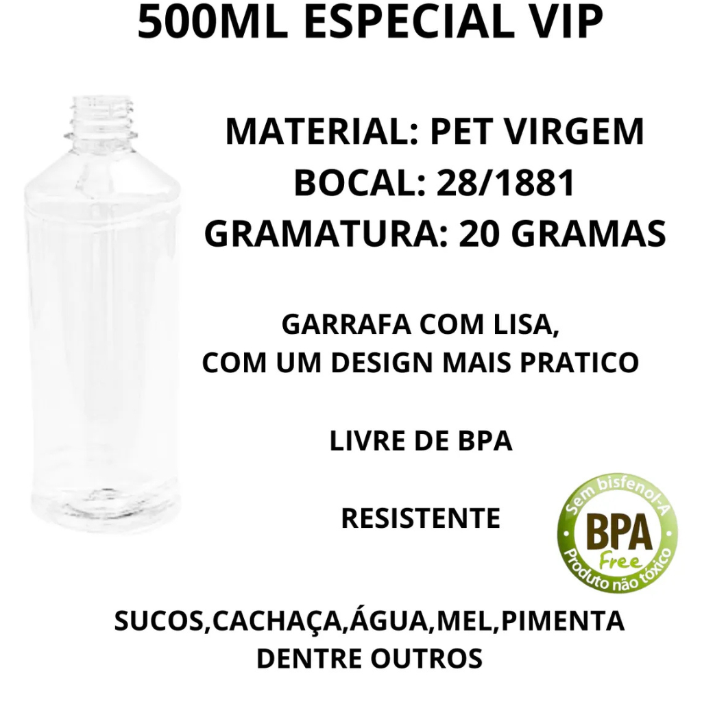 Detalhes do Kit 20 UN Garrafa Pet Especial 500ml Vip C/ Tampa Lacre