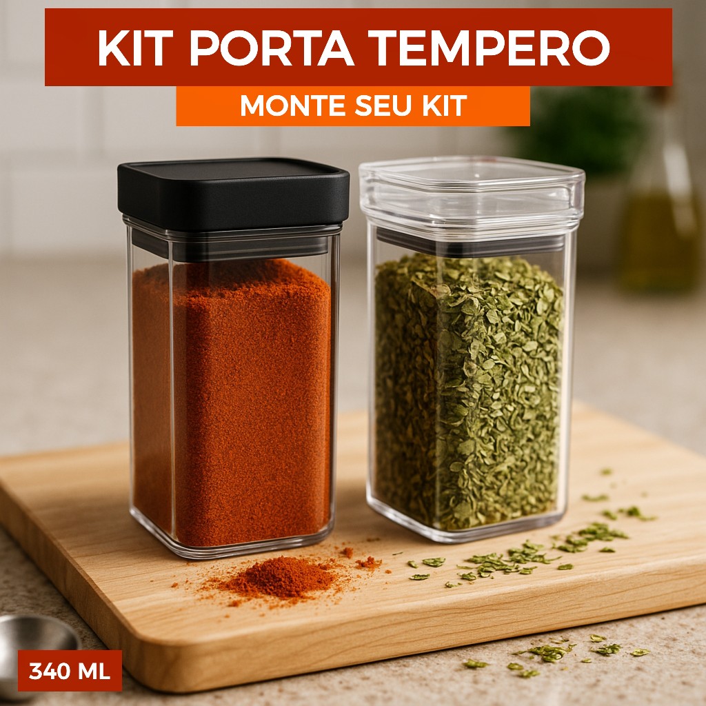 Kit Mini Pote Tempero Condimentos Hermético Lumini Cristal e Black Quadrado 340 ml