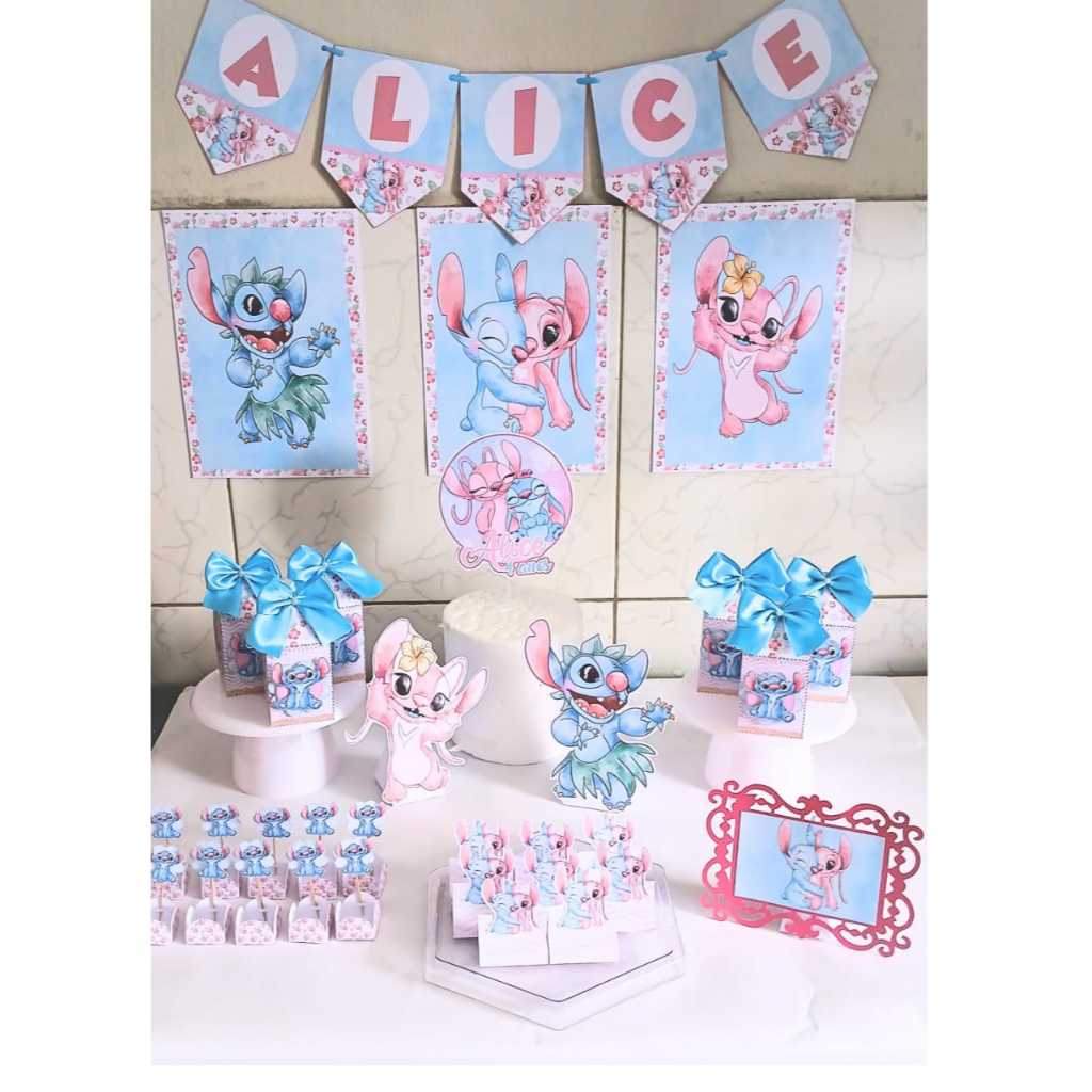 Kit Festa Stitch Aquarela Personalizado Só um Bolinho | Mesversário Aniversário | Lembrancinha