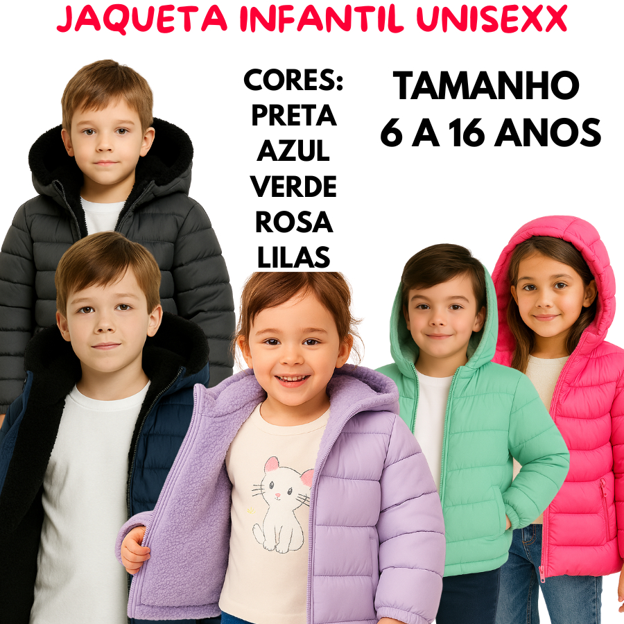 Jaqueta Infantil Juvenil Puffer Forrada Pelúcia COM Capuz BLUSA DE Frio 4 a 18 ANOS UNISEXX VERMELHA PRETA VERDE AZUL Jaqueta Infantil Juvenil Puffer Forrada Pelúcia COM Capuz BLUSA DE Frio 4 a 18 ANOS UNISEXX VERMELHA PRETA VERDE AZUL