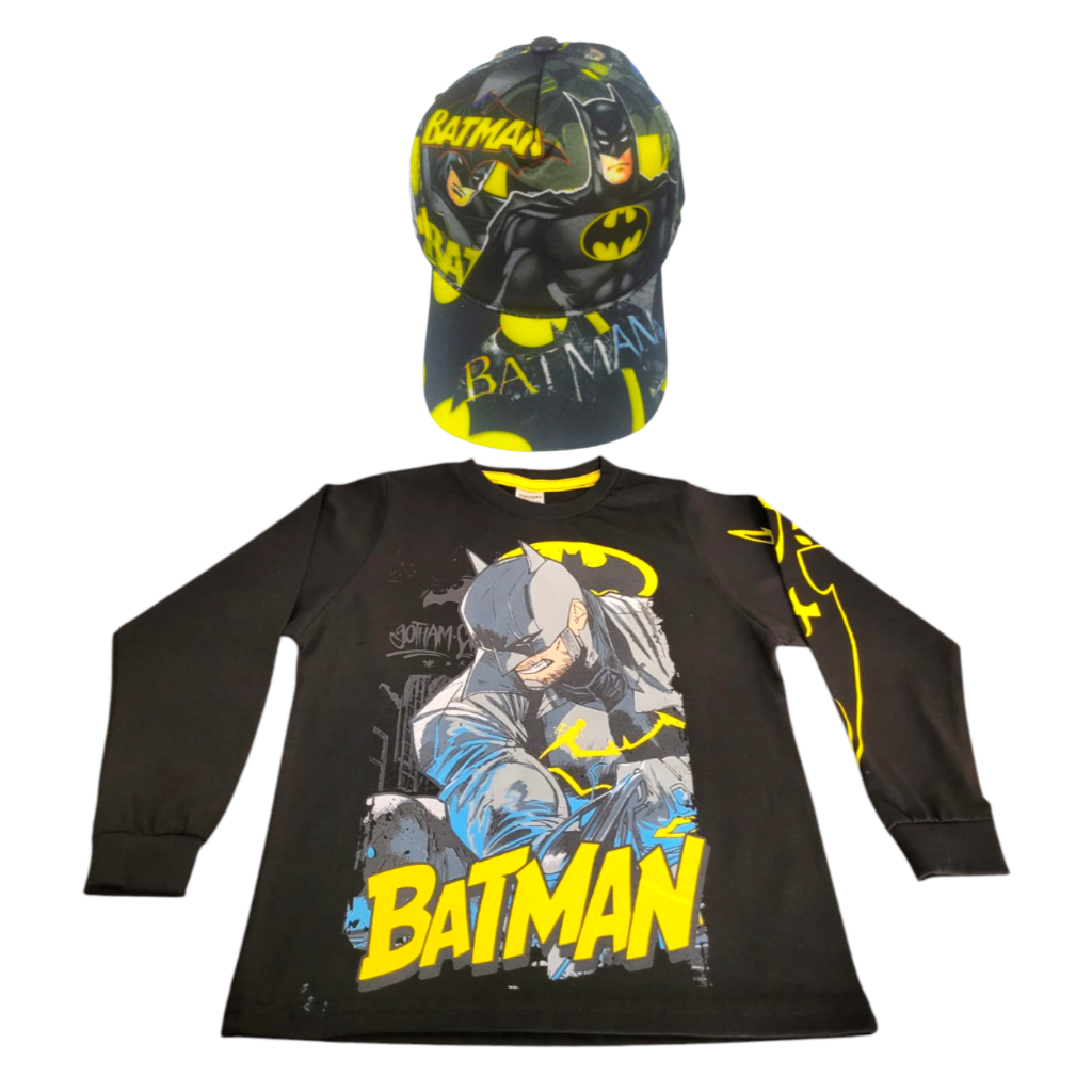 Kit Camiseta Manga Longa 100% Algodão Batman + Boné Com Ajuste Batman