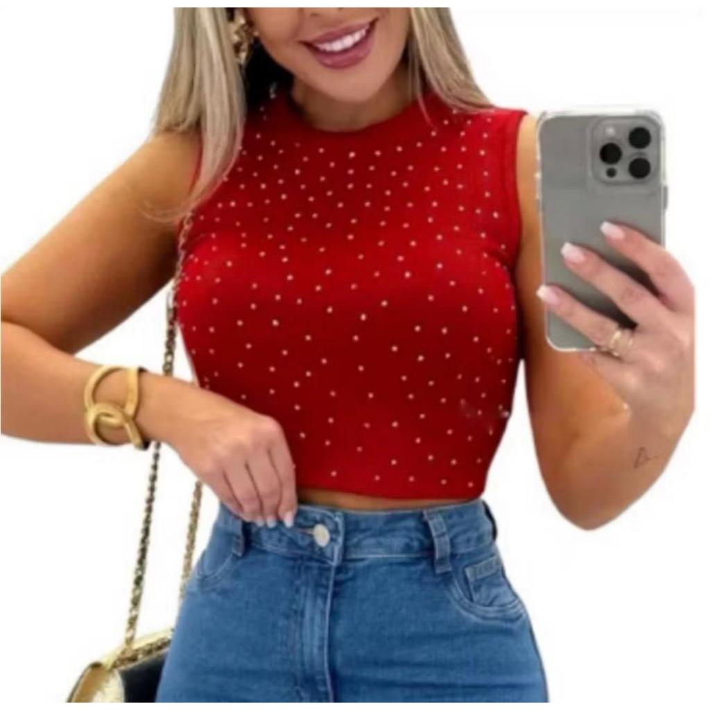 promoção cropped brilho Ribana canelado top com Strass modinha
