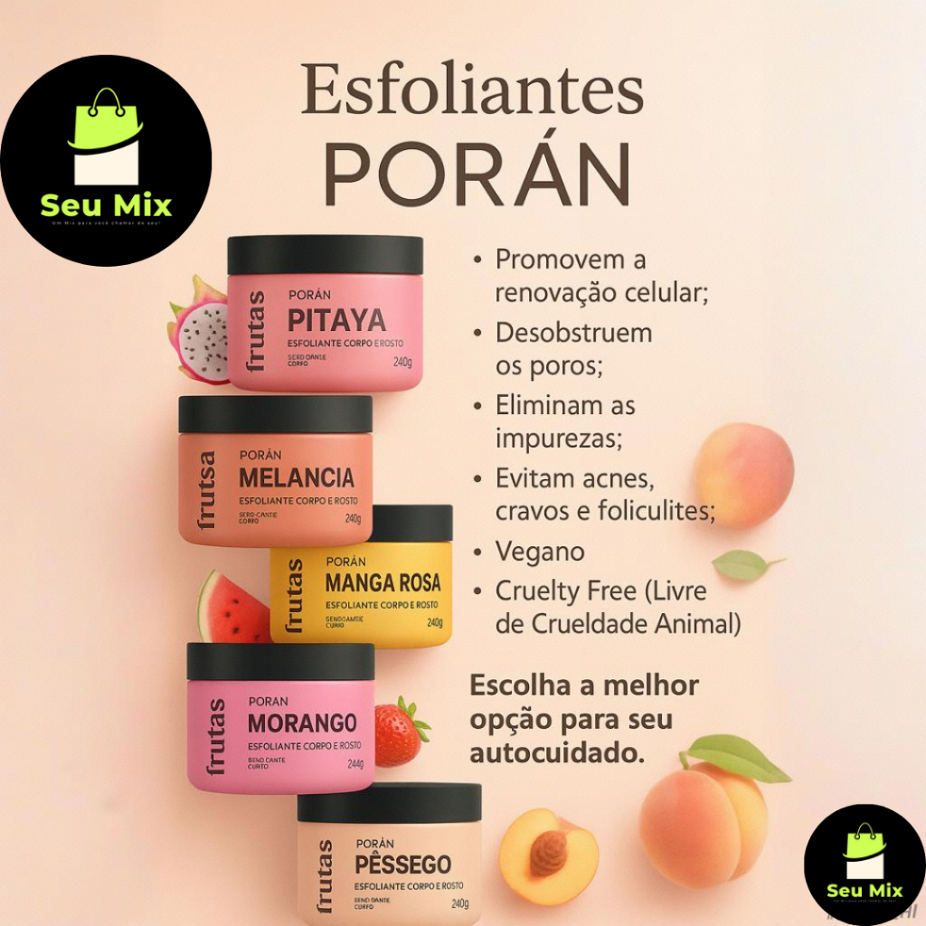 Poran Esfoliante Skicare Frutas 240g Corpo e Rosto Bem Me Quero Morango