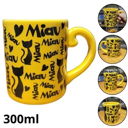 Caneca  Cacau Show Miau Amarela 300 ml Chocolate Quente Chá Café