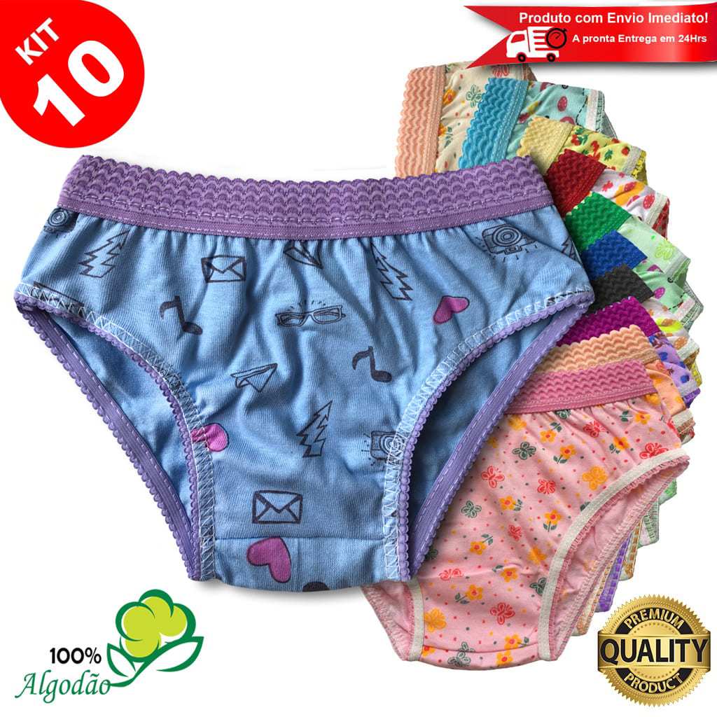 Kit 10 Calcinhas Infantil Estampada Algodão Cós Elástico Menina
