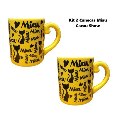 Kit 2 Canecas  Cacau Show Miau Amarela 300 ml Chocolate Quente Chá Café