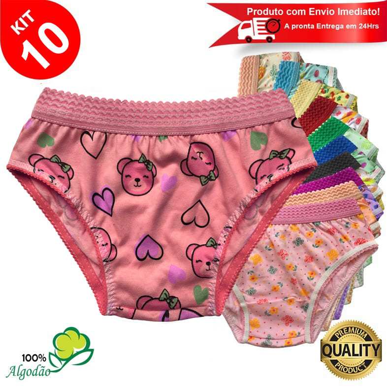 Kit 10 Calcinhas Infantil Estampada Algodão Cós Elástico Menina