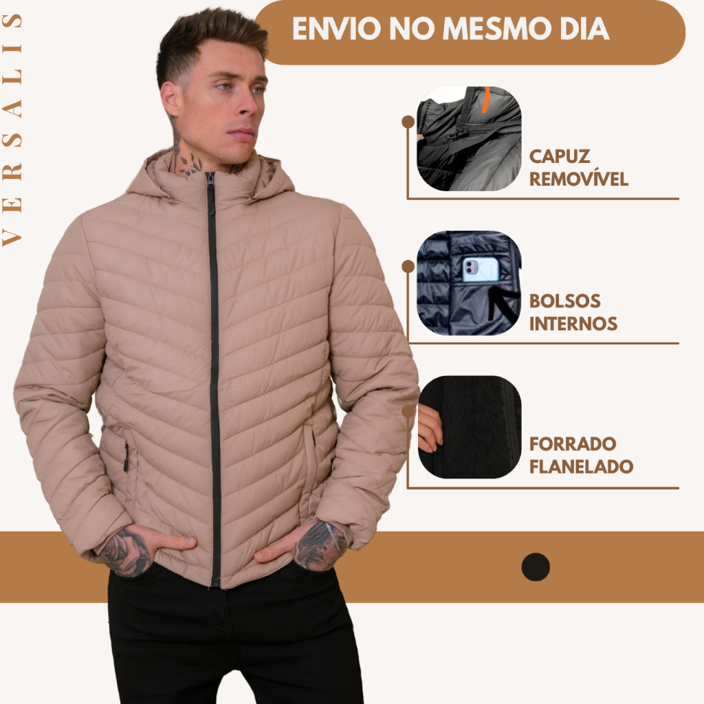 Jaqueta Masculina Bobojaco Puffer Flanelado Gominho Impermeável Corta Vento Com Capuz Removivel