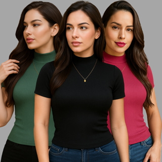 Kit 3 Blusa Canelada Feminina Manga Curta Gola Alta em Oferta na Shopee