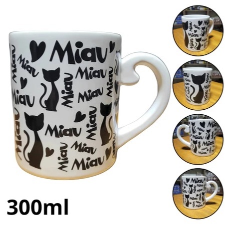 Caneca Cacau Show Miau Branca e Preta 300 ml Chocolate Quente Chá Café